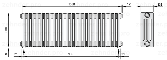 Схема (чертеж) Радиатор Zehnder Charleston 4060/23 №3570 Белый глянцевый RAL 9016